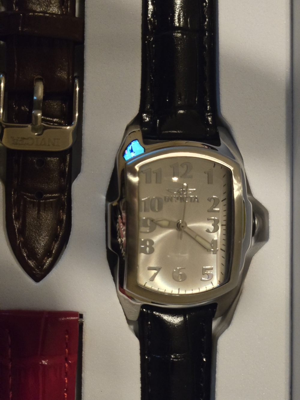 Invicta Ladies Lupah Silver Dial Watch with Black Leather Strap